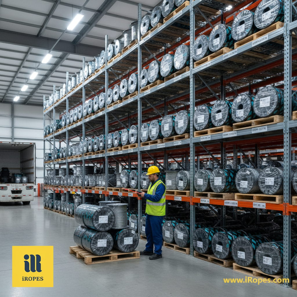 Warehouse shelves displaying UHMWPE rope spools ready for shipment, illustrating a reliable supplier's inventory