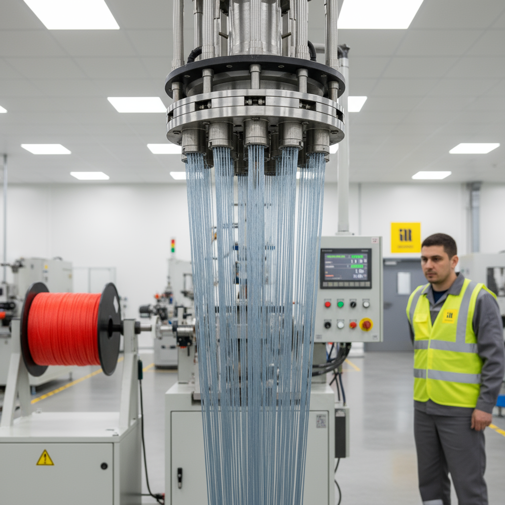 Close-up of UHMWPE fibres being drawn from a gel-spinning extruder, showing the fine, glossy threads ready for rope construction