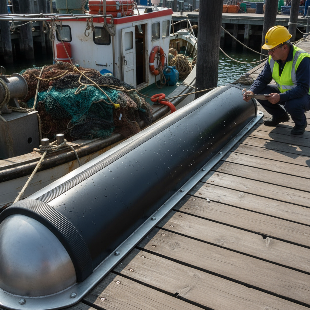 Close-up of a dark UHMWPE pad installed on a marine fender, showing its smooth self‑lubricating surface and thick edge protection