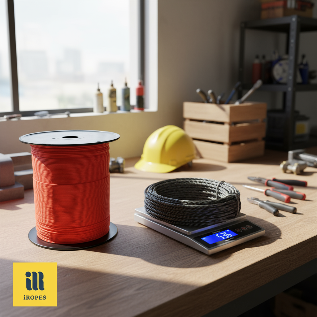 Spool of ultra‑high‑molecular‑weight polyethylene rope highlighting its lightweight nature compared with a steel wire rope coil