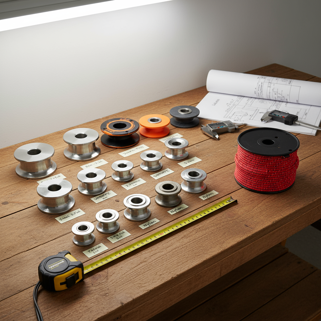 Assortment of wire rope pulleys made from steel, UHMWPE, and nylon displayed on a workshop table