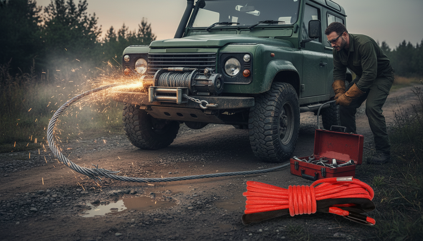 A steel winch cable snapping under load, showing the violent recoil arc and frayed ends