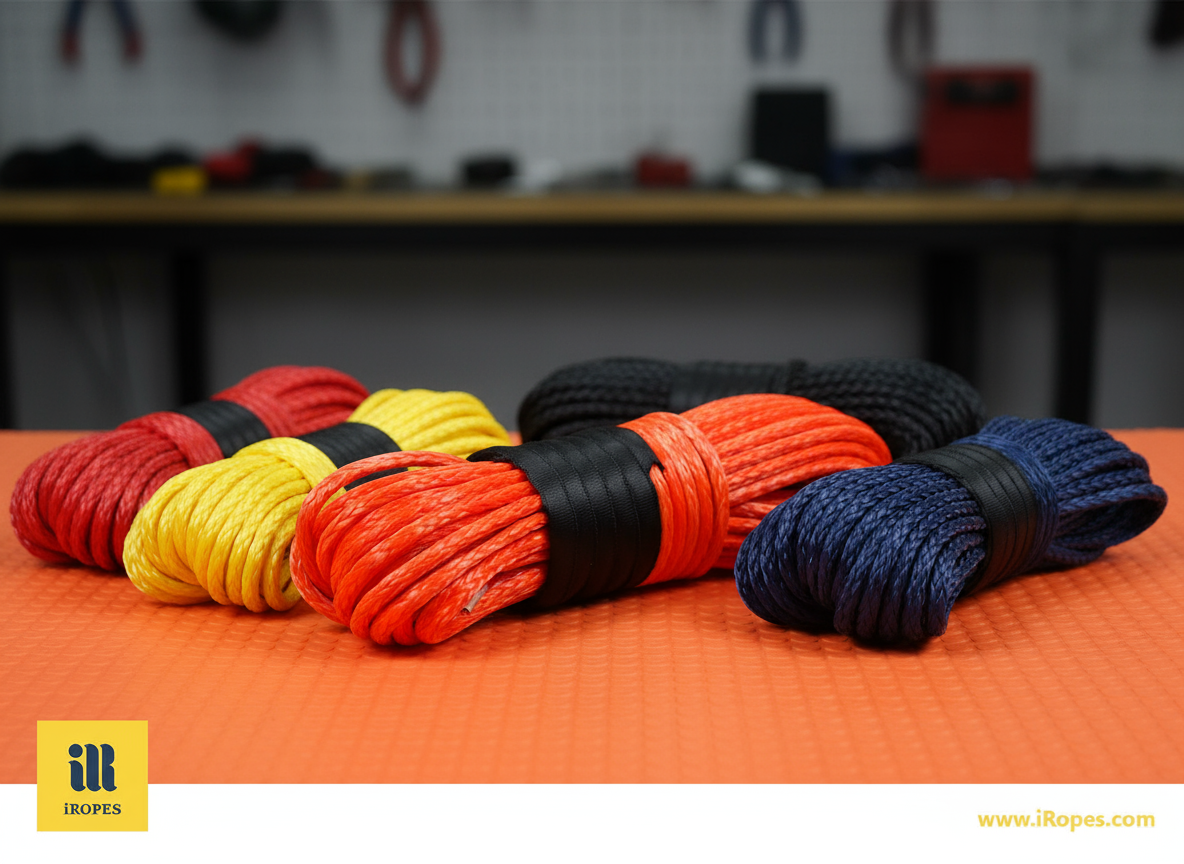 Close‑up of a 6 mm synthetic winch rope coiled on a bright orange background, showing colour options and the smooth imported coating
