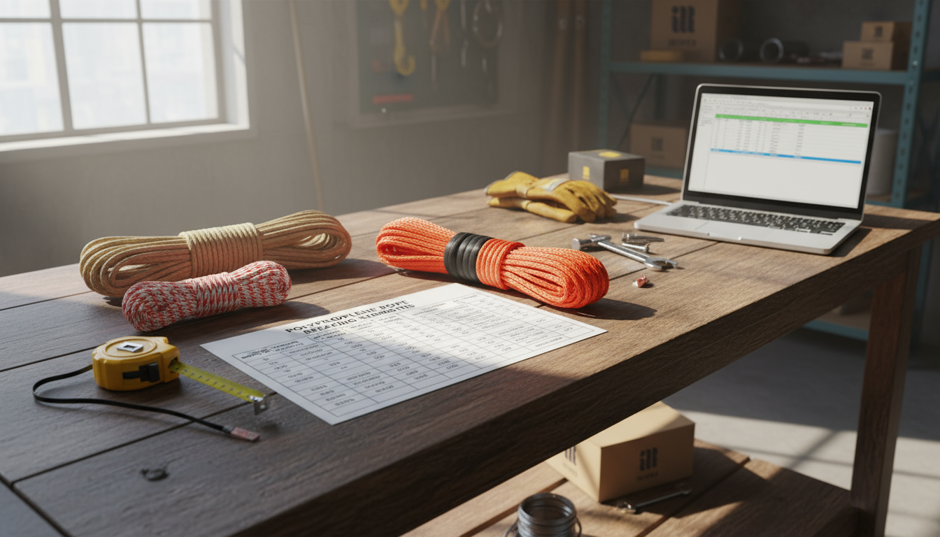 Table of polypropylene rope breaking strengths for common diameters, showing lbs and kg values with safe working loads