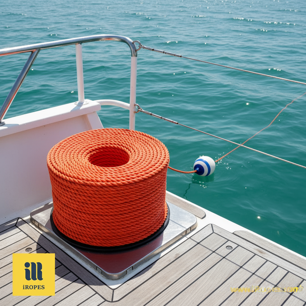 Polypropylene anchor rope coiled on deck, showing bright orange colour and floating capability
