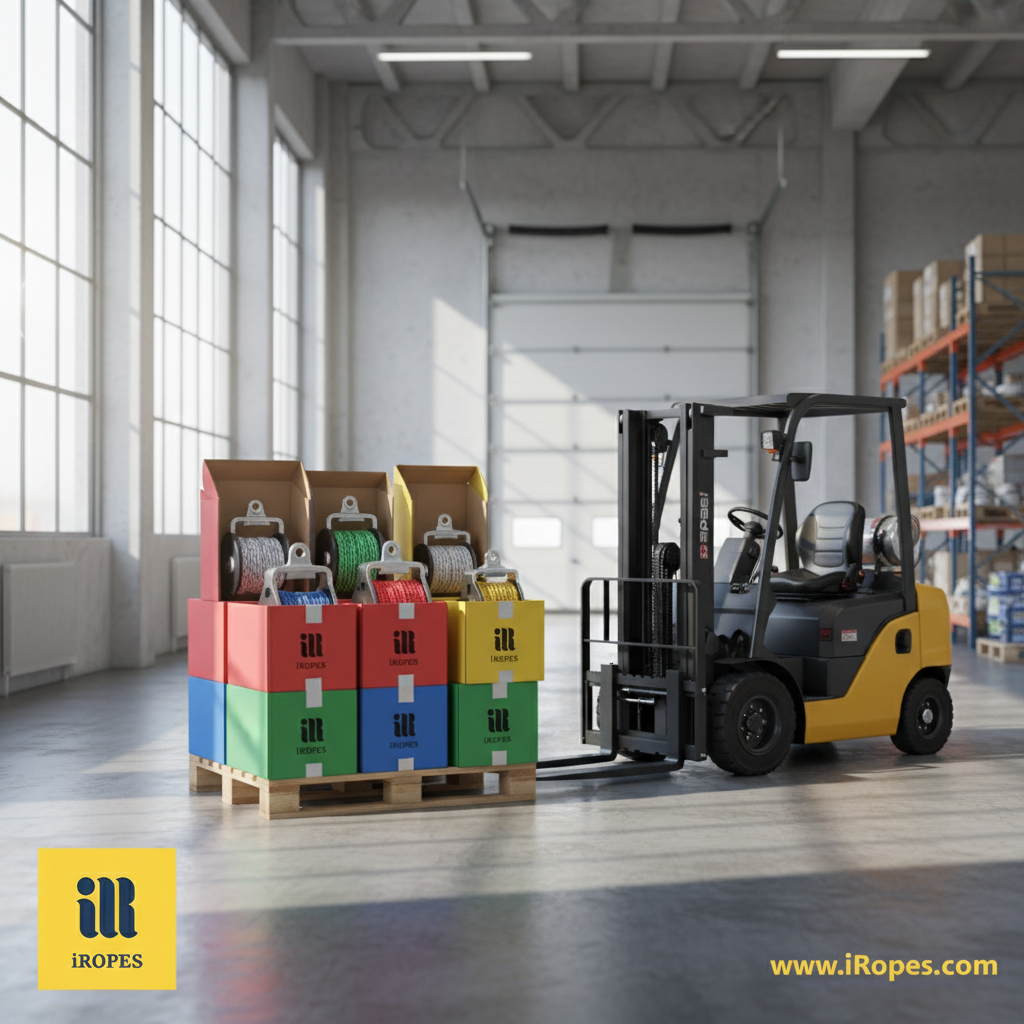 Assortment of custom‑branded rope pulleys packaged in colour‑coded boxes ready for export