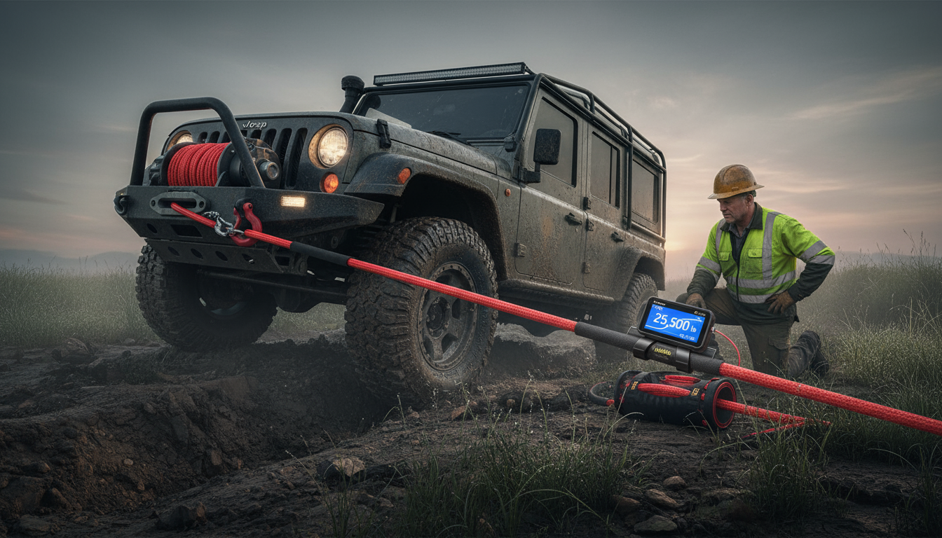 Synthetic winch rope under load, showing a smooth tension curve and no snap‑back after a controlled break