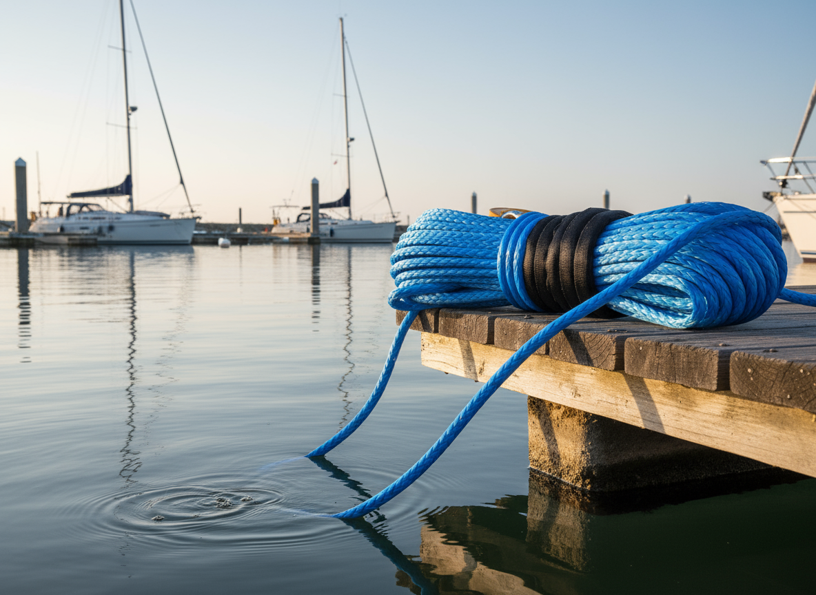 Polypropylene rope coiled on a dock, showing its bright orange colour and floating on water