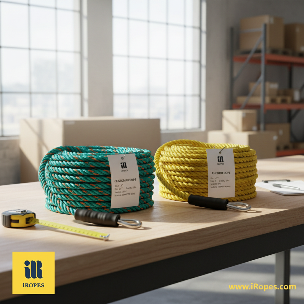 Custom coil of UHMWPE rope beside polypropylene anchor rope, showing colour options, spliced terminations, and packaging tags