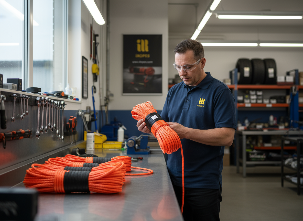 Dealer examining various synthetic winch ropes on a workshop bench, showcasing colour options and iRopes coating