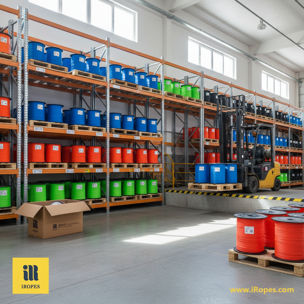 Warehouse of iRopes displaying custom rope spools ready for international shipment, highlighting diverse colours and diameters