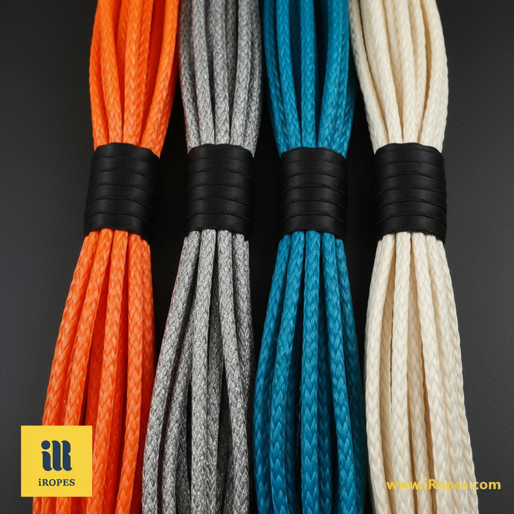 Close‑up of four high‑tensile rope samples – UHMWPE, Kevlar, polyester and nylon – displayed on a dark background, highlighting their distinct colours and textures