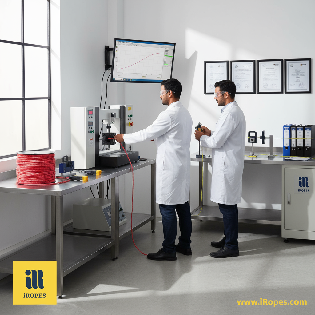 Quality control lab at iRopes, technicians performing tensile strength tests on rope samples, surrounded by calibrated machines and certification documents