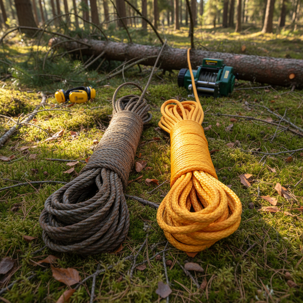 Side‑by‑side view of a steel logging winch cable next to a lightweight UHMWPE synthetic rope, highlighting colour contrast and flexibility in a forest setting
