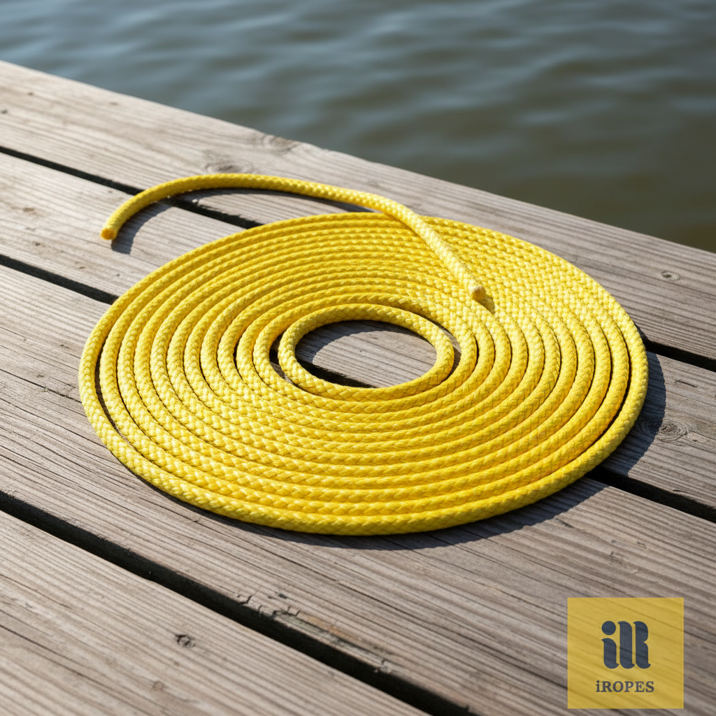Close-up view of bright yellow polypropylene rope coiled on a wooden dock, highlighting its lightweight texture and buoyancy