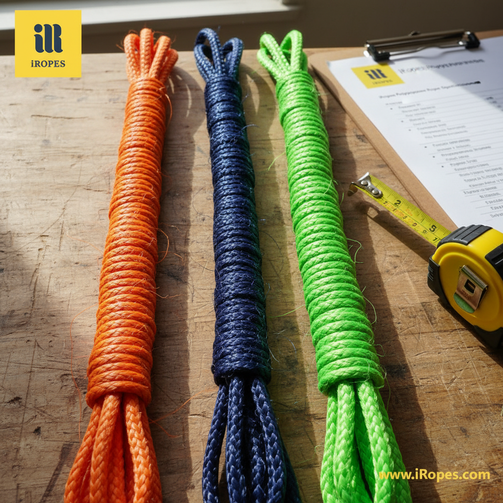Close‑up of three‑strand, solid braid, hollow braid, and double‑braid polypropylene ropes laid side by side, showing distinct textures and colour variations