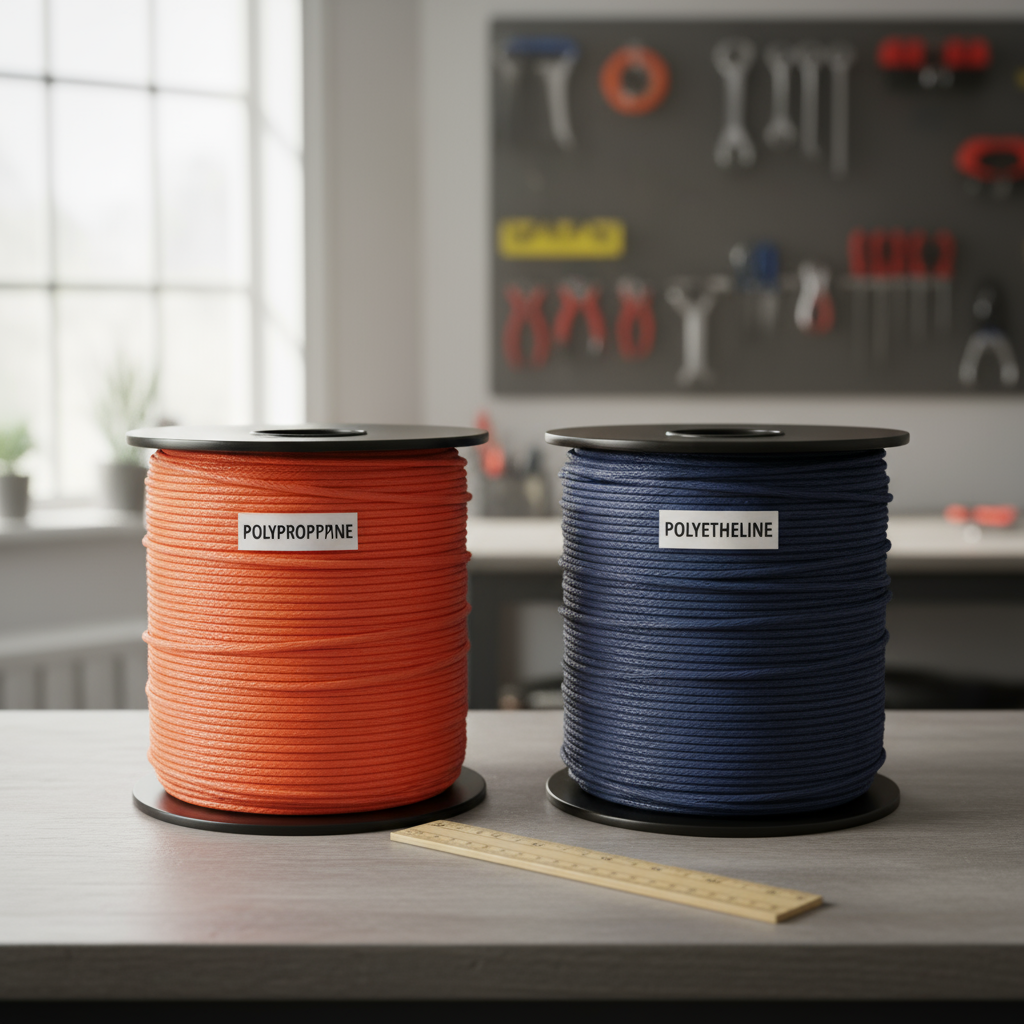Side-by-side comparison of polypropylene and polyethylene rope coils highlighting colour and texture differences