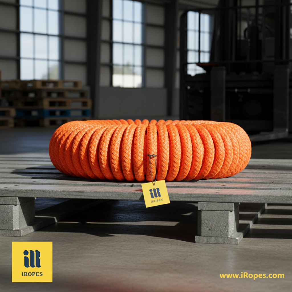 Heavy‑duty 1.5 inch rope coiled on a steel pallet, showing its thick braiding and bright safety colour
