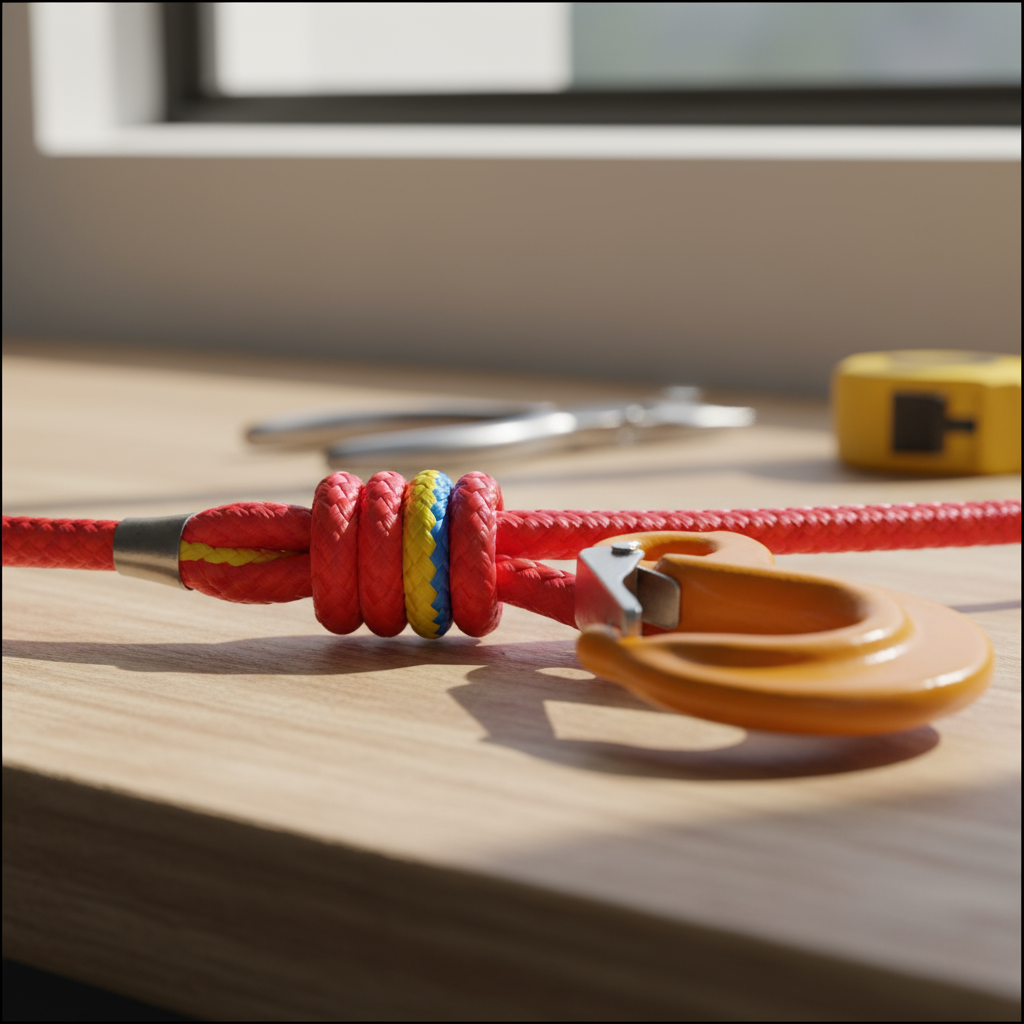 Close-up of a professionally spliced rope eye showing clean termination and colour-coded strands