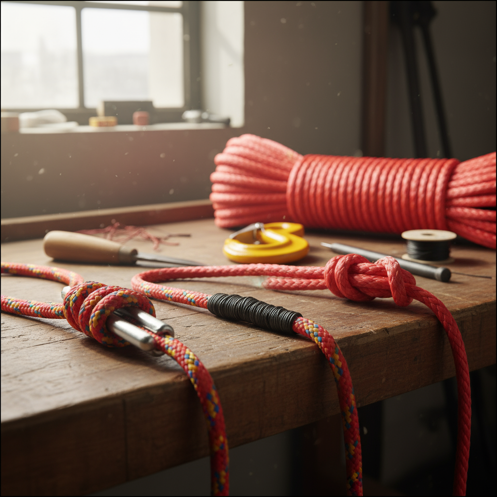 Close-up of an eye splice, end whipping and a multi-strand rope splice side-by-side, showing colour-coded strands and precise terminations