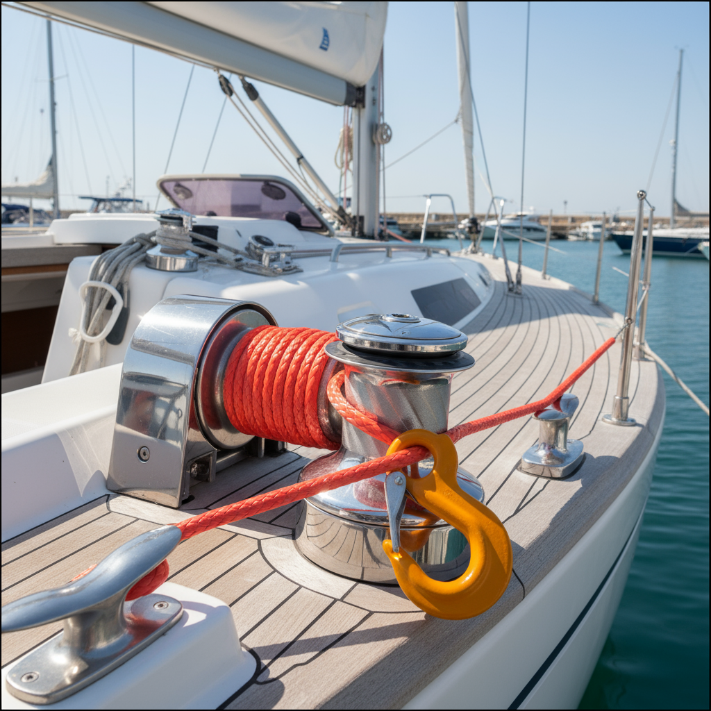 Marine rope with a clean eye splice installed on a yacht’s winch, showing corrosion-resistant hardware and vibrant safety colour