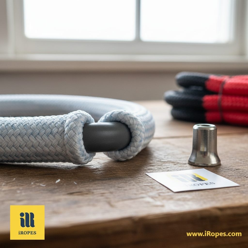 Close-up view of an elasticised rope showing the rubber core encased in a braided polyester jacket