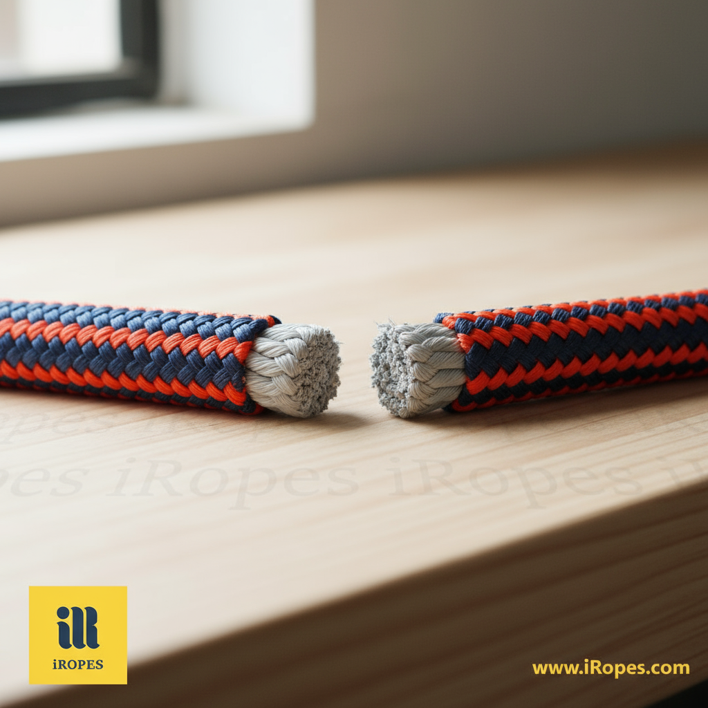Close‑up of a double‑braided cord rope showing the inner core strands and outer jacket fibres