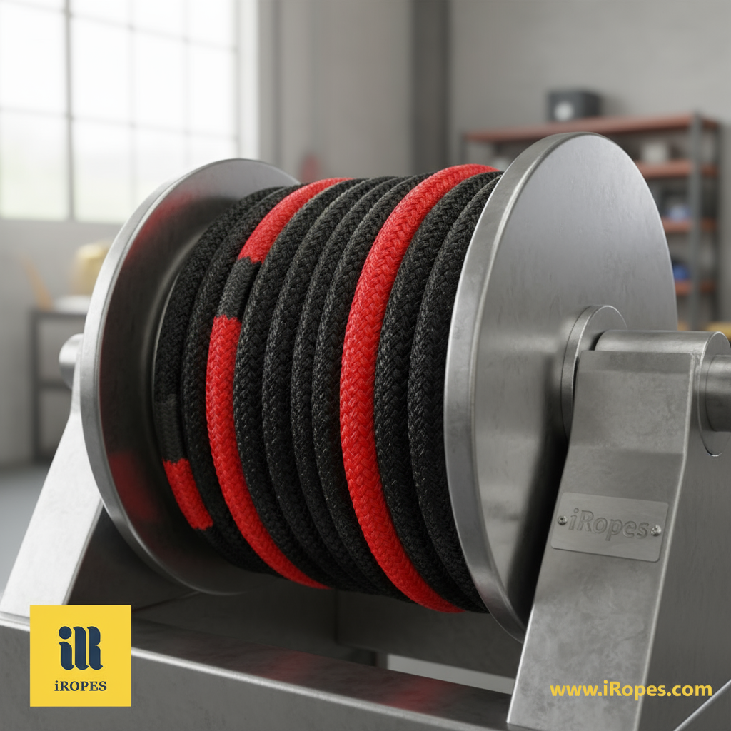 Synthetic nylon rope coiled on a steel winch, showing its smooth white fibers and braided double-braid construction