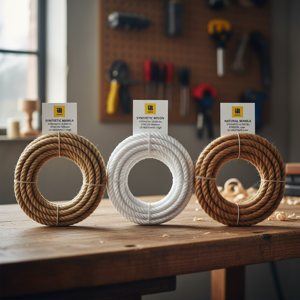 Three rope samples laid out: tan synthetic manila, white synthetic nylon and natural brown manila, each labelled with key traits