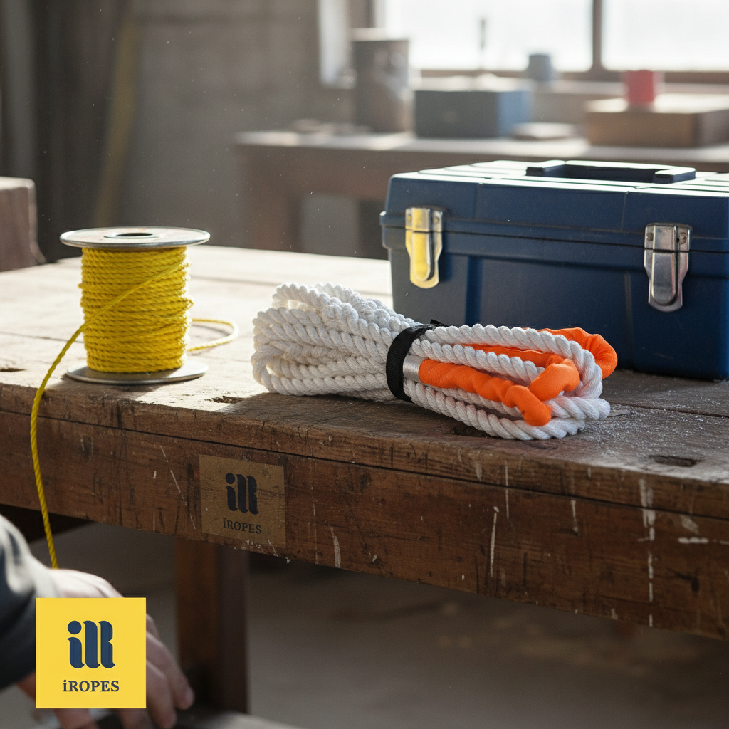 Close-up view of twisted nylon mason line on a spool, highlighting the intertwined fibers and bright yellow colour