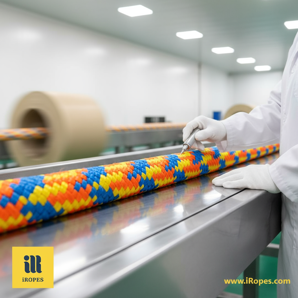 Close-up of an 8 strand polypropylene mooring rope being inspected on a production line, showing braided construction and colour coding