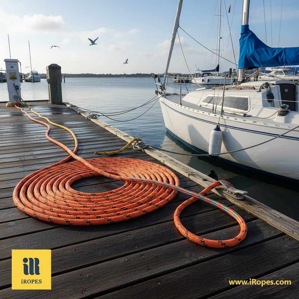 Bright orange 8‑strand polypropylene mooring rope coiled on a dock, floating on water with a boat in the background
