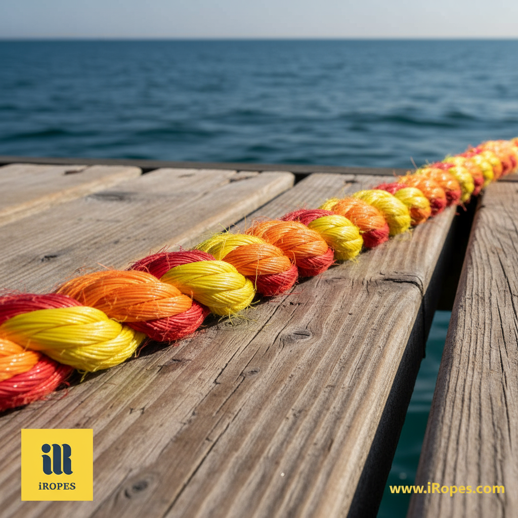 Close‑up view of an 8‑strand braided mooring rope on a dock, showing interwoven fibres, colour‑coded strands and a glossy finish against a blue sea backdrop