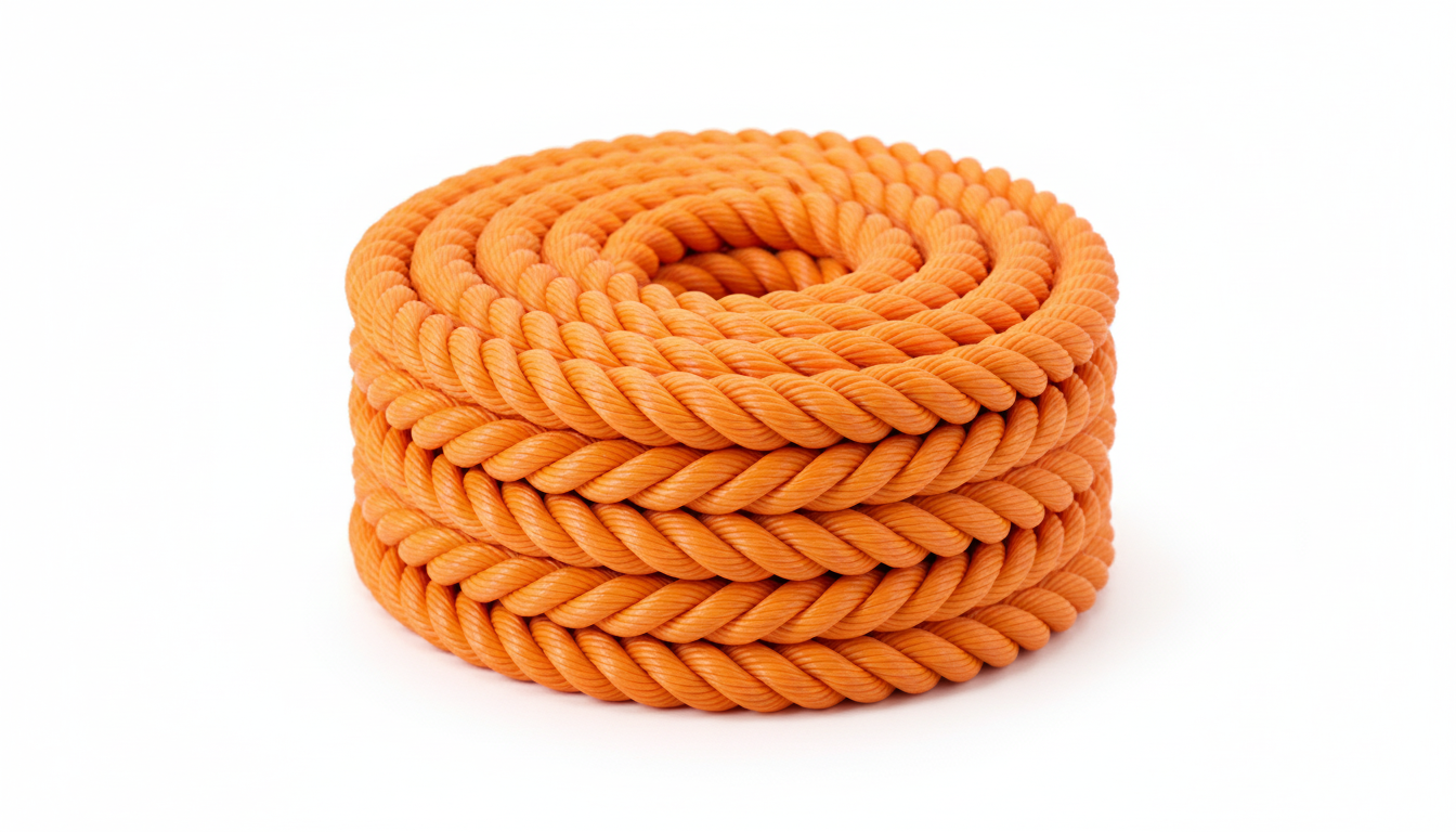 Close‑up of high‑tenacity 2‑inch nylon rope on a white background showing braid texture and vibrant colour