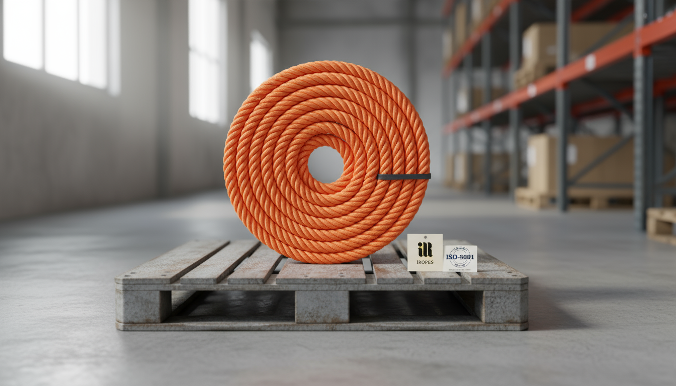 Heavy‑duty 2‑inch nylon rope coiled on a steel pallet, showing double‑braid construction and vibrant orange colour