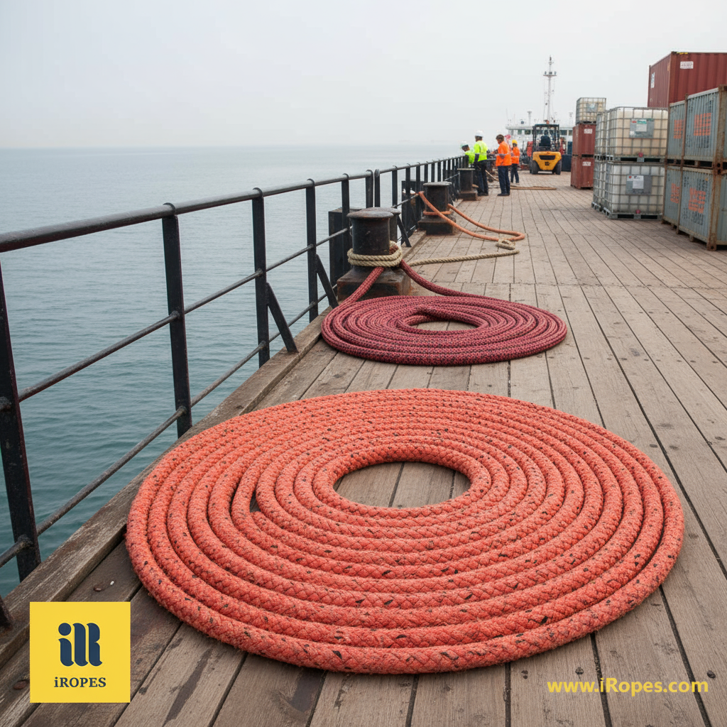 Coiled 2‑inch polyester rope on a ship’s dock, highlighting its massive diameter and robust construction