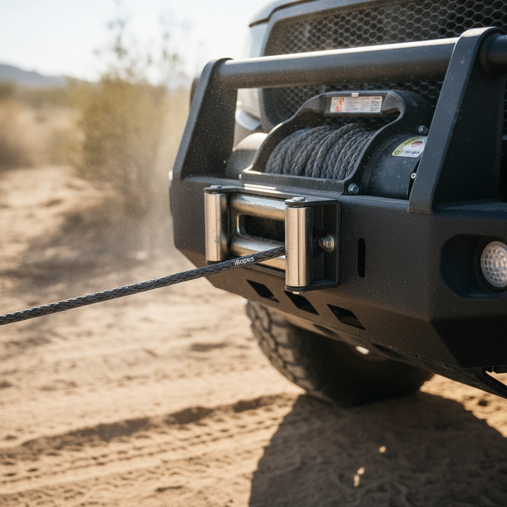 Close‑up of an in‑line winch mounted on a vehicle, showing the synthetic rope passing through a hawse fairlead