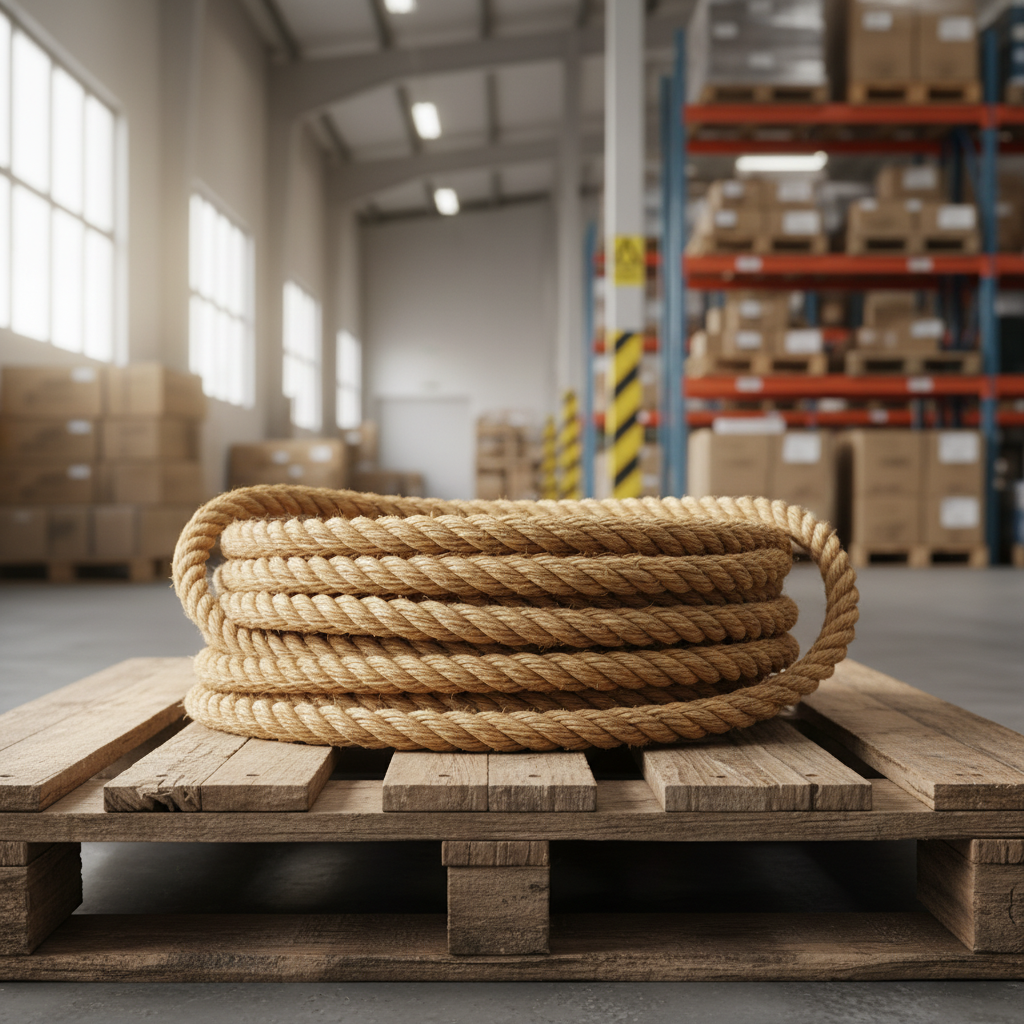 2‑inch Manila rope coiled on a wooden pallet, showing natural tan fibres and sturdy construction