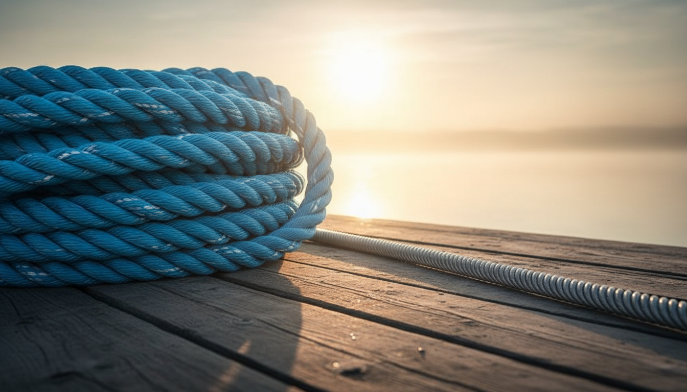 Close‑up of a bright blue nylon rope coiled on a dock, showing its flexible strands and reflective stitching