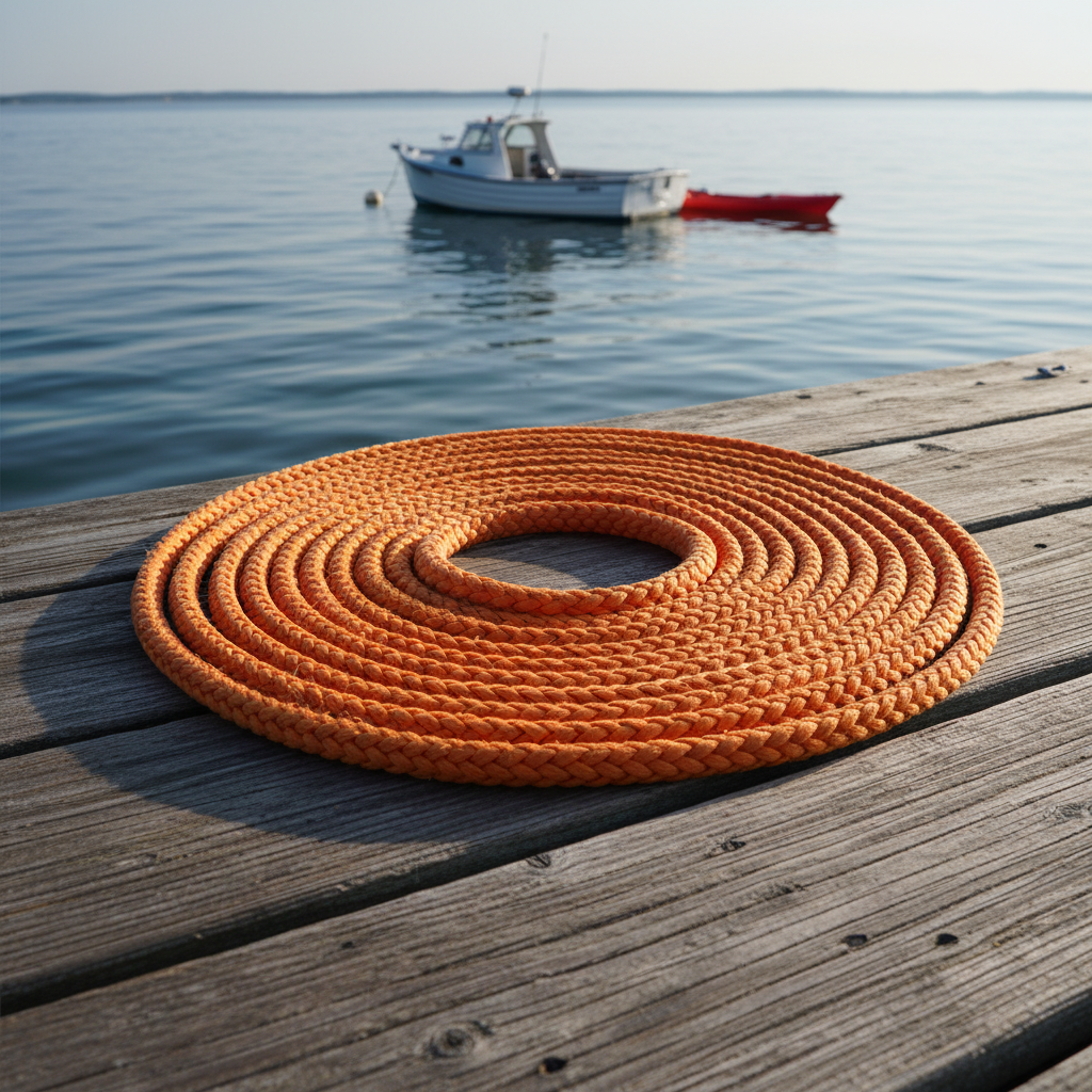 Half inch nylon rope coiled on a dock, showing its bright orange colour and double-braid texture for marine use