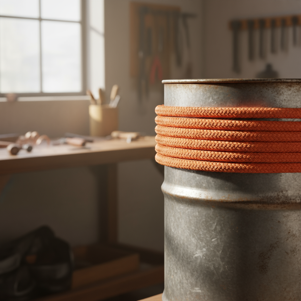 Close‑up of a 1‑inch iRopes Stable Braid synthetic rope coiled on a steel drum, showing the double‑braid construction and vibrant orange colour
