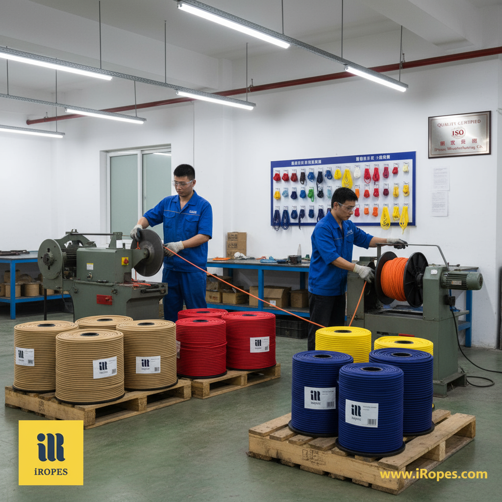 iRopes workshop showing technicians cutting and spooling custom Pro Manila rope rolls, with colour swatches and branding labels