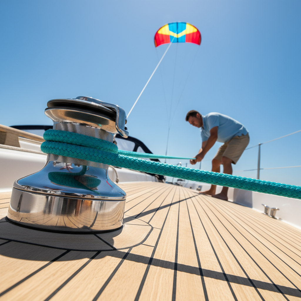 A 12‑strand rope being fed through a winch, attached to a kite line, and tensioned on a yacht deck, showing its lightweight flexibility