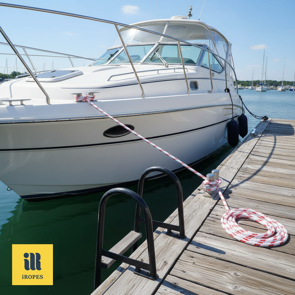 Robust 5/8 inch double‑braided polyester dock line secured to a midsize yacht, showing UV‑protected coating and stainless steel cleats
