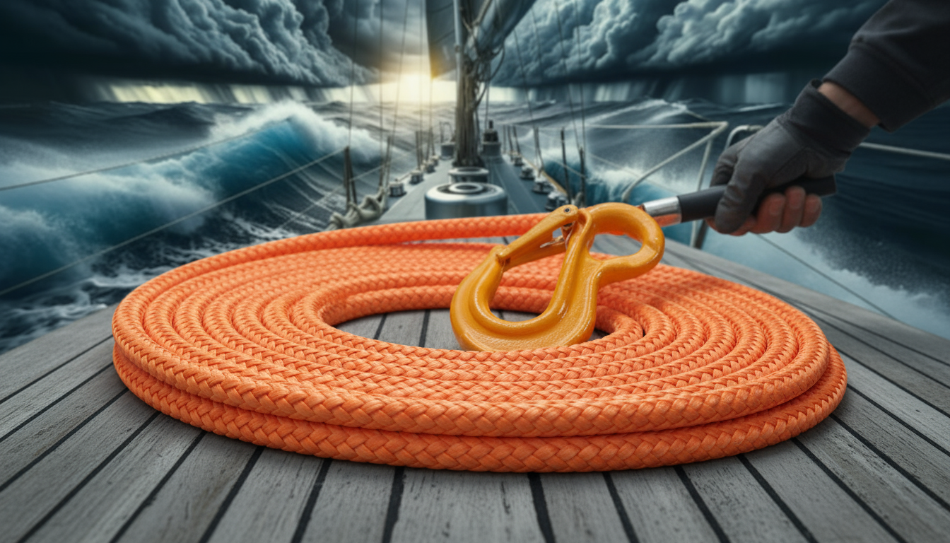 Close-up of a braided nylon rope coiled on a deck, showing its smooth texture and bright orange colour