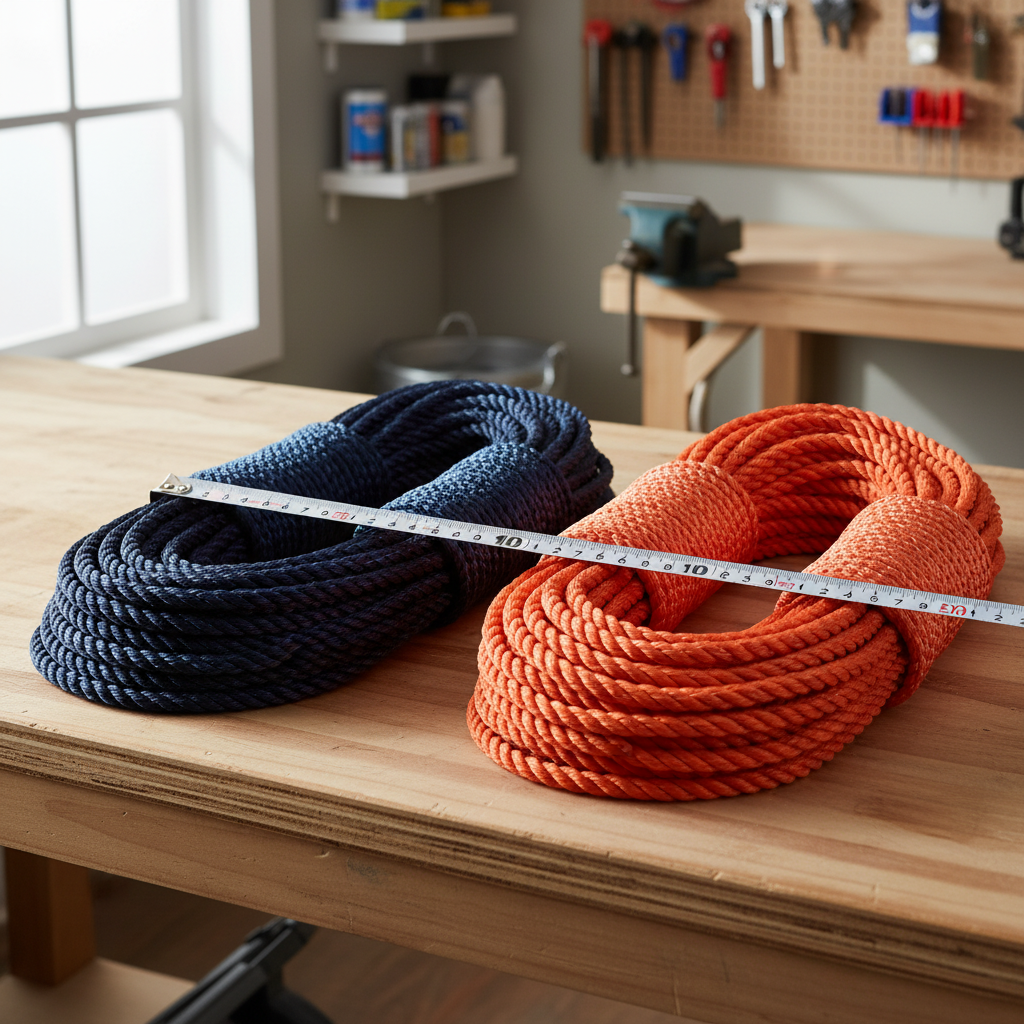 Side-by-side view of a solid-braid 100 foot rope and a twisted 3-strand 100 foot rope, showing texture and colour contrast