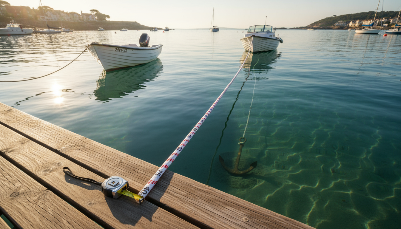 Diagram showing a 100 foot rope laid out from a boat bow to anchor, with depth and scope marked