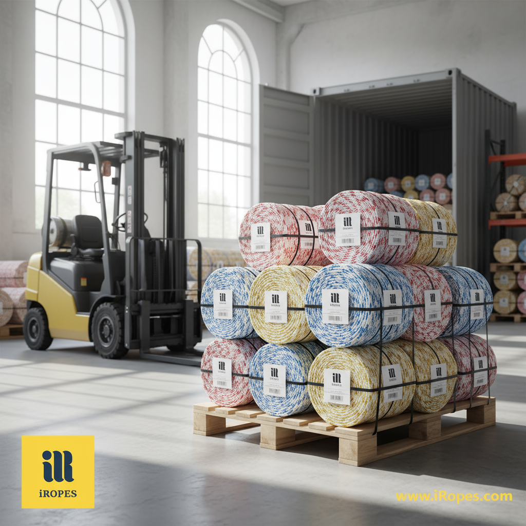 Custom 100 foot rope on a pallet, colour-coded, with branding tags, ready for bulk shipment