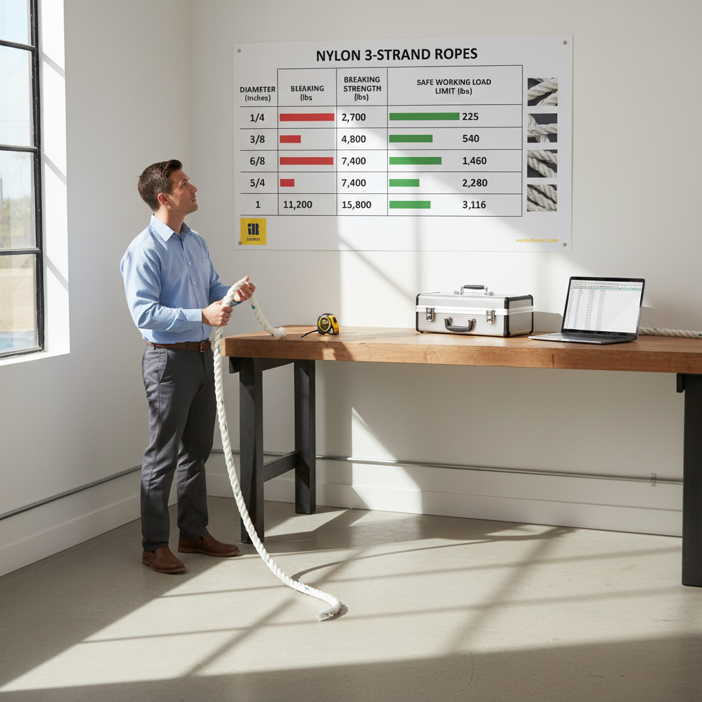 Chart showing breaking strength and safe working load limits for various diameters of nylon 3 strand rope, with colour‑coded columns for quick reference
