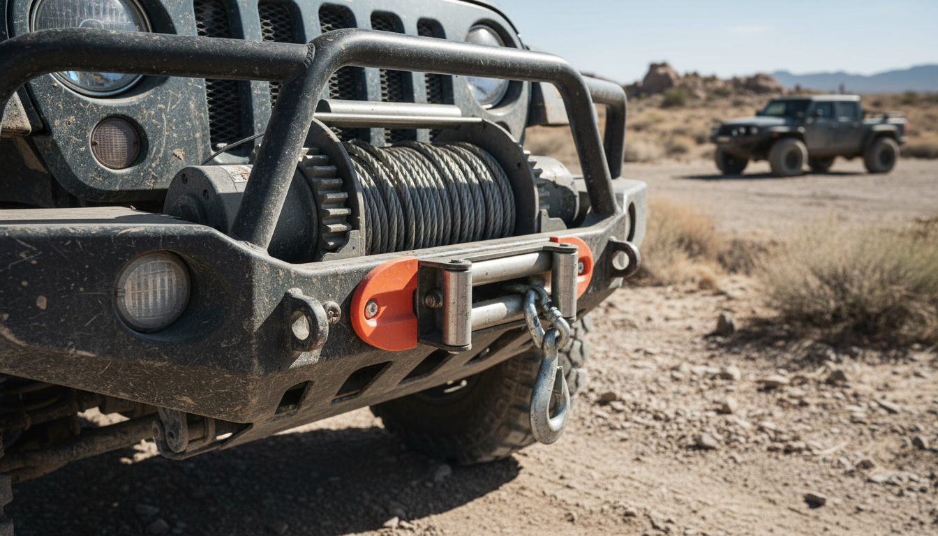 UHMW poly winch fairlead installed on a rugged off‑road vehicle, showing the smooth sleeve protecting the rope